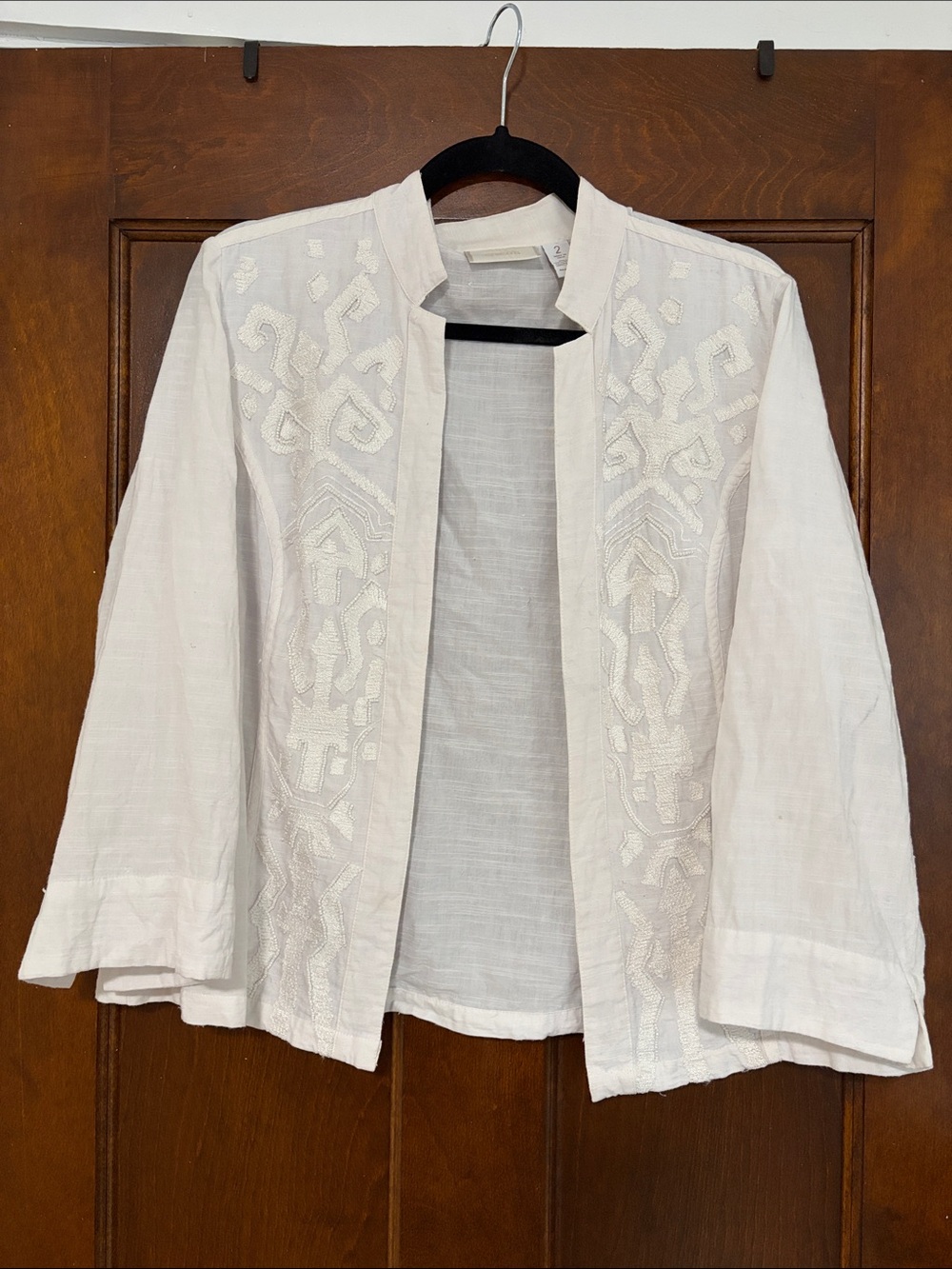 Chico’s Embroidered Open Front White Cotton Jacket